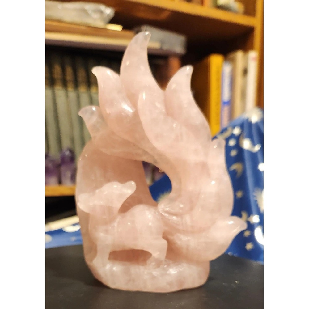 Rose Quartz Nine Tail Fox Carving, Hyaline Quartz Fox